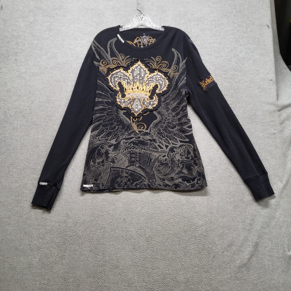 Rebel Spirit Women Shirt XL Black Y2K Grunge Crown Wings Waffle Knit Long Sleeve